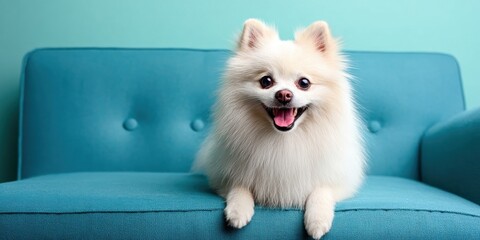 Fluffy Pomeranian dog smiling on a turquoise couch, radiating joy and warmth.