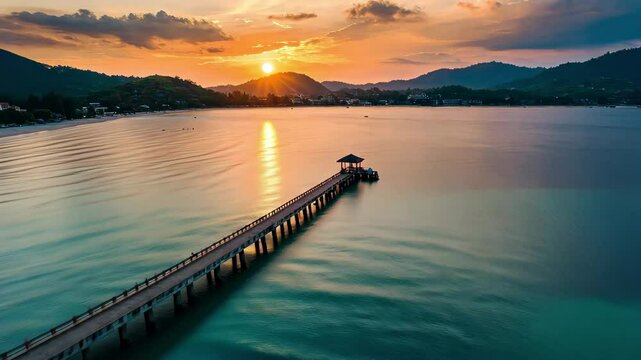 Stunning aerial view of Rawai beach jetty pier at sunset in Phuket, Phuket jetty pier of Rawai beach Aerial sunset view of tropical island