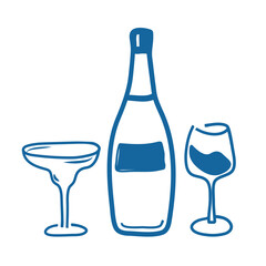 Italian bottle wine, wineglass in doodle style. Hand drawn blue chalk crayon sketch for Italy food menu, cafe, restaurant, wedding, print, invitation. Minimalist flat sticker. Charcoal vector illustra