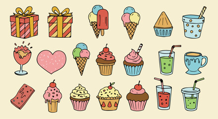 Set of Cute Hand-Drawn Party and Dessert Elements