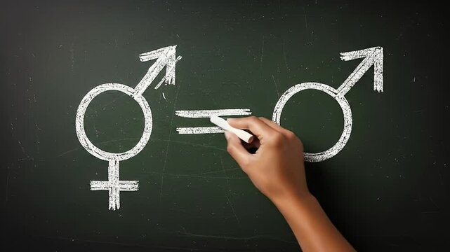 Hand Drawing Male And Female Symbols With Chalk Representing Gender Equality On A Black Chalkboard