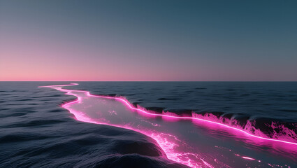 A pink glowing river in the middle of a dark grey sea, with a minimalist, beautiful