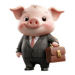 Cute cartoon pig in a business suit holding a briefcase happily