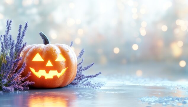 Illuminated jack-o'-lantern with lavender, bokeh background, autumn, Halloween