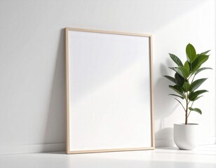Minimalist Interior with Blank Frame and Ficus Plant in Bright White Room