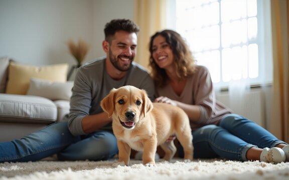 Young loving couple, happy family owners playing with cute pet puppy at home, spouses enjoy time together having fun with small pedigreed dog on carpet, indoor leisure activity in new living room