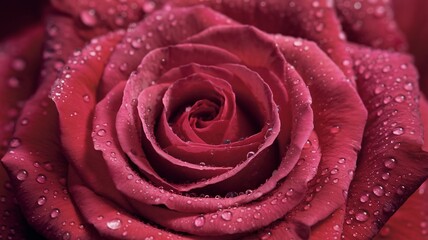 Close-up of a vibrant red rose adorned with droplets, showcasing its delicate petals and rich texture.