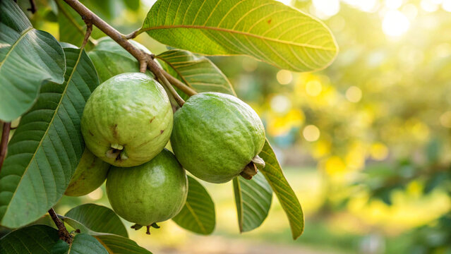 Guava hanging on tree in garden, Guava tree in natural warm sunlight background