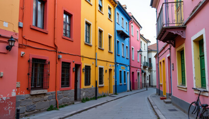 Fototapeta premium Brightly painted buildings in narrow street with colorful facades and peaceful atmosphere in small town