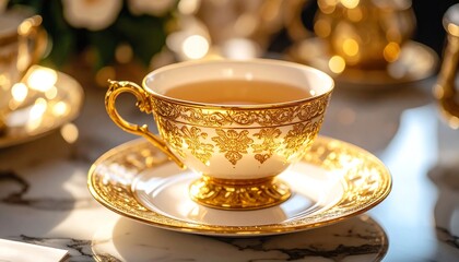 Fototapeta premium A beautifully ornate golden tea cup sits elegantly on a marble table, reflecting luxurious moments of afternoon tea.