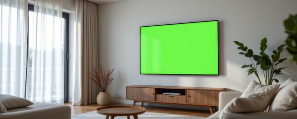 Modern living room with green screen TV, wooden furniture, and cozy cushions creating calm and inviting atmosphere