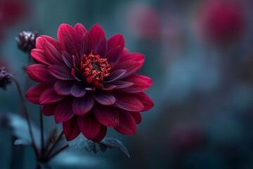 Moody dark red dahlia on a glowing blurred background, dramatic and artistic floral photography