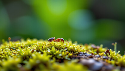 Closeup of single ant walking on green moss with blurred natural background in bright daylight