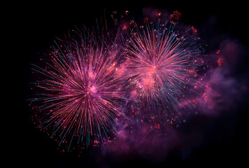 Beautiful fireworks in the night sky, with pink and purple colors against a black background.