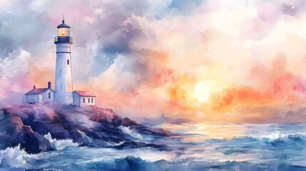 Serene Lighthouse Watercolor Painting Coastal Sunset Landscape Art
