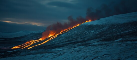 Night lava flow down snowy mountain, dramatic eruption backdrop, nature documentary