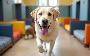 A happy Labrador playing in a spacious, luxurious pet boarding facility with colorful toys, soft beds, and other dogs nearby. High quality