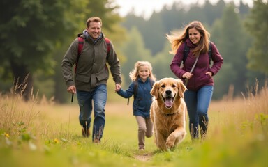 Happy family with golden retriever dog running in nature at meadow. Parents with child enjoy hiking. Travel, vacation, camping, active lifestyle, happy childhood. Family bonding with pet outdoors.