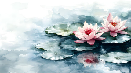 Serene Watercolor Painting of Pink Water Lilies on a Calm Pond