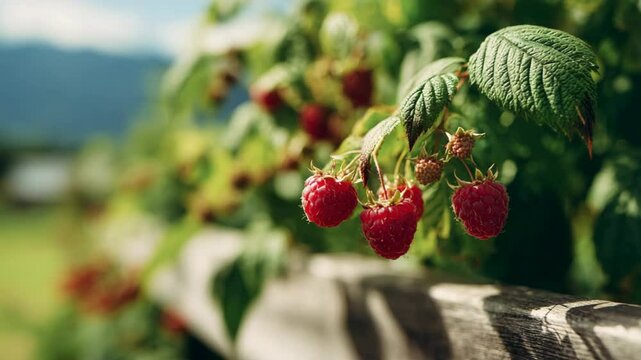 raspberry red ripe fruit at plantation farm land 