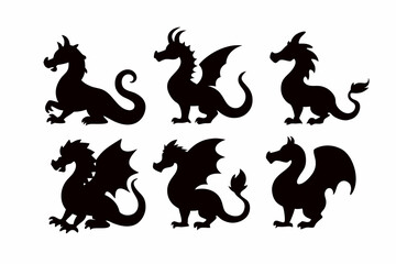 Dragon Shadow Vector Icons – Winged Beast Mythical Creature Set