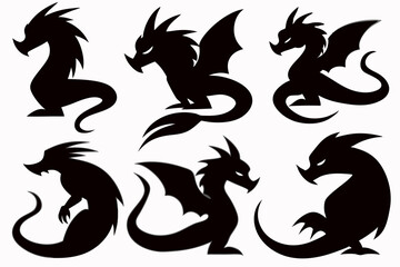 Dragon Vector Icons Set – Black Silhouette Mythical Creatures for Fantasy Art