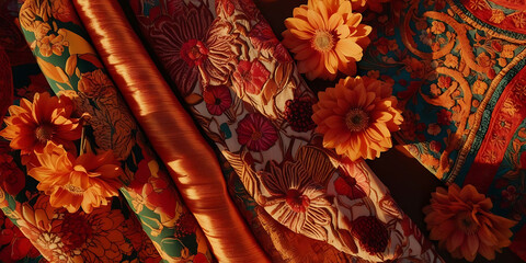 Vibrant Display of Orange Textiles and Blossoms

