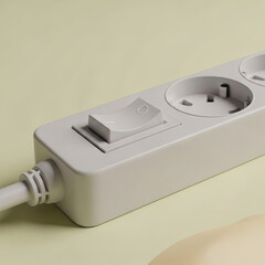 Modern White Power Strip with On/Off Switch, Minimalist Design, Energy Saving Electrical Socket for Home and Office Use on Light Background