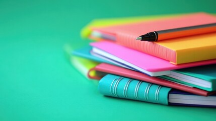 Colorful notebooks with pen stacked on green background for school or office use