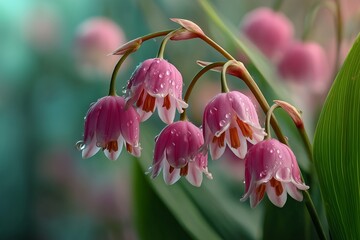 Pink lily of the valley bells on a dreamy green glowing background, vintage and sentimental floral photography