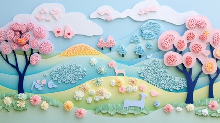 Naklejka premium Colorful paper art landscape with trees, flowers, hills, and animals in soft pastel spring scenery
