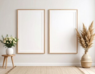 Minimalist Interior with Two Blank Frames Pampas Grass and Floral Arrangement