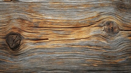 Naklejka premium Closeup of old wooden plank with natural grain texture and weathered knots in brown and gray tones