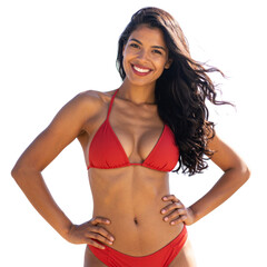 Obraz premium Side View of Playful Female in Blue Bikini Tossing Sunhat, Beach Pose, isolated on transparent background PNG