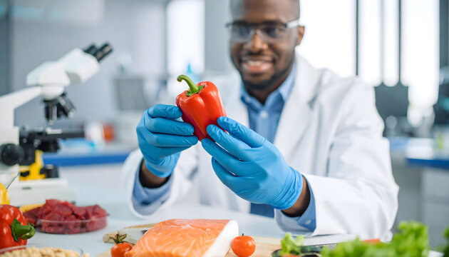 Food Scientist Examining Red Bell Pepper in Lab