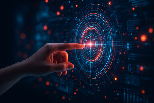 AI generated image of a human hand interacting with a glowing circular holographic HUD featuring digital layers codes and energy lines representing futuristic system control and data interface
