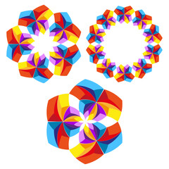 Geometric flower icons. Radial ornament shapes. Colorful petal elements. Vector abstract symbols.