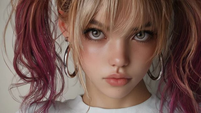 close up pretty young teenager Caucasian woman in street punk look, confident and naughty looking at camera 