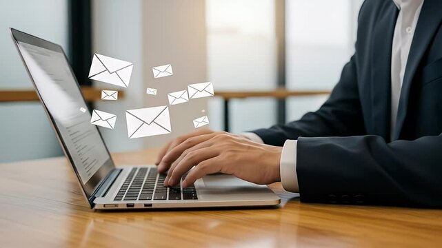Person In Suit Typing On Laptop While Email Icons Float Against Blurred Background