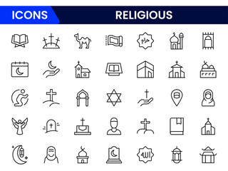 Fototapeta premium Sacred vector web line icons depicting religious symbols, faith, worship, spirituality, and diverse cultural beliefs with reverence and unity.