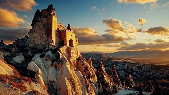 Uchisar Castle overlooking the picturesque Cappadocia landscape at sunset, View of Uchisar Castle in Nevsehir Province in Cappadocia, Turkey