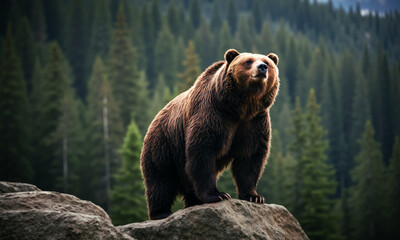 Grizzly bear standing on a rock with a dense pine forest background. Majestic Canadian wildlife in a natural environment.