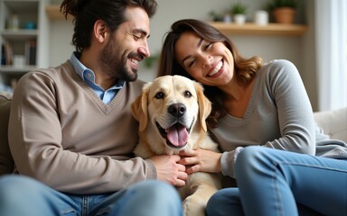 Happy family enjoying with their dog while relaxing at home. High quality