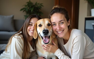 Dog, portrait or lesbian couple in selfie in home to relax together on social media for profile picture or memory. Lgbtq, pet animal or happy women smile in photo with bond or care in living room