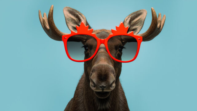 Moose wearing funny red maple leaf sunglasses. Cool and humorous Canadian animal portrait on a blue background. Canada Day.