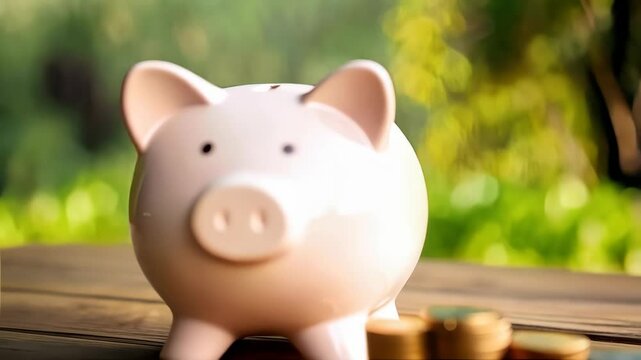 Savings concept showcasing a pink piggy bank with stacks of coins against a bright green blurred nature background promoting financial investments and planning.