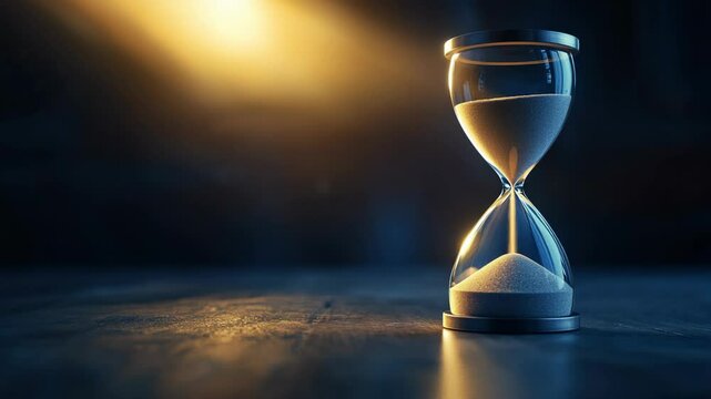: A close-up of a glass hourglass with fine sand steadily dropping through its narrow neck