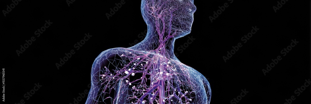 Poster stylized wireframe representation of a human body with a highlighted nervous system showcasing neura