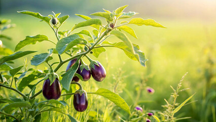 Brinjal tree in field, Bringals hanging on tree branch in natural warm sunlight background