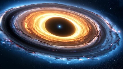 Depiction of a cosmic black hole exhibiting a swirling accretion disk composed of glowing matter in deep space full of stars and nebulae - Powered by Adobe